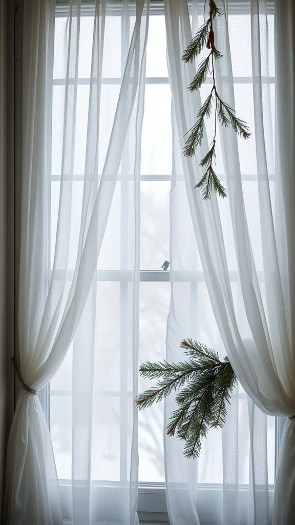 A window with sheer curtains featuring evergreen branches hanging decoratively.