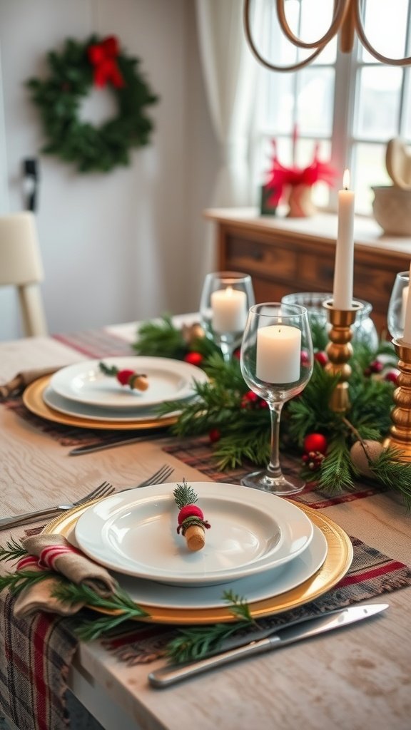 A beautifully set holiday table featuring winter greenery, white plates, candles, and festive decor.