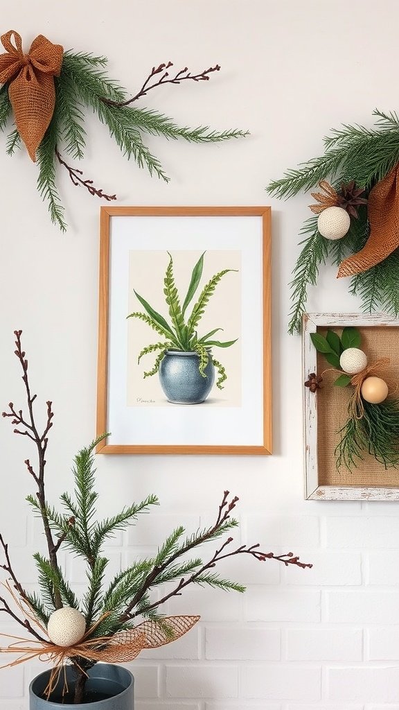 A cozy wall display featuring winter foliage and a botanical illustration in a frame.