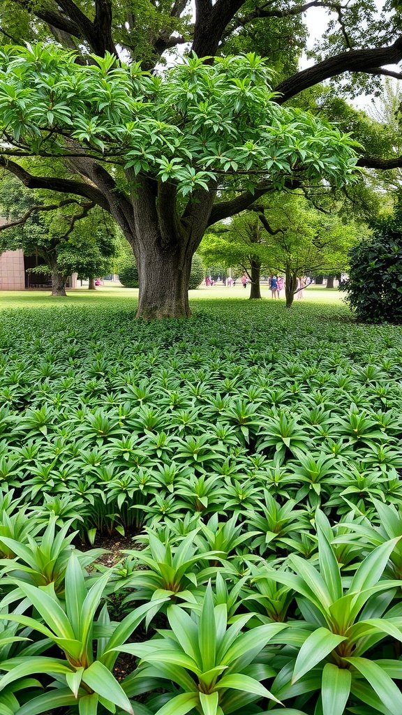 A large tree with expansive branches and green ground cover plants underneath.