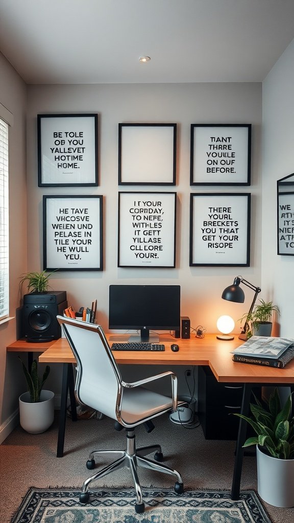 A home office with framed inspirational quotes on the wall, a simple desk setup, and a comfortable chair.