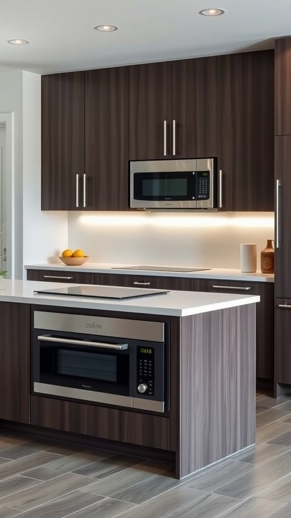 Modern kitchen island with built-in appliances and dark wooden cabinets