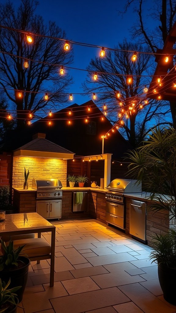 A beautifully lit outdoor kitchen featuring string lights and a warm ambiance at night.