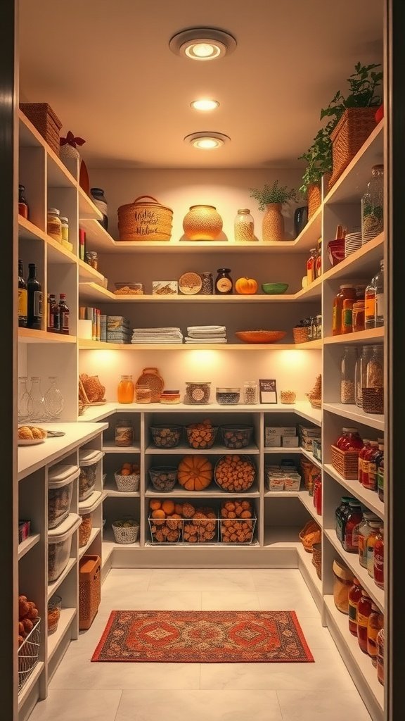 Cozy, well-lit pantry with shelves organized and filled with food.