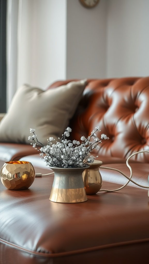 Brown leather couch with metallic accents and decorative items.