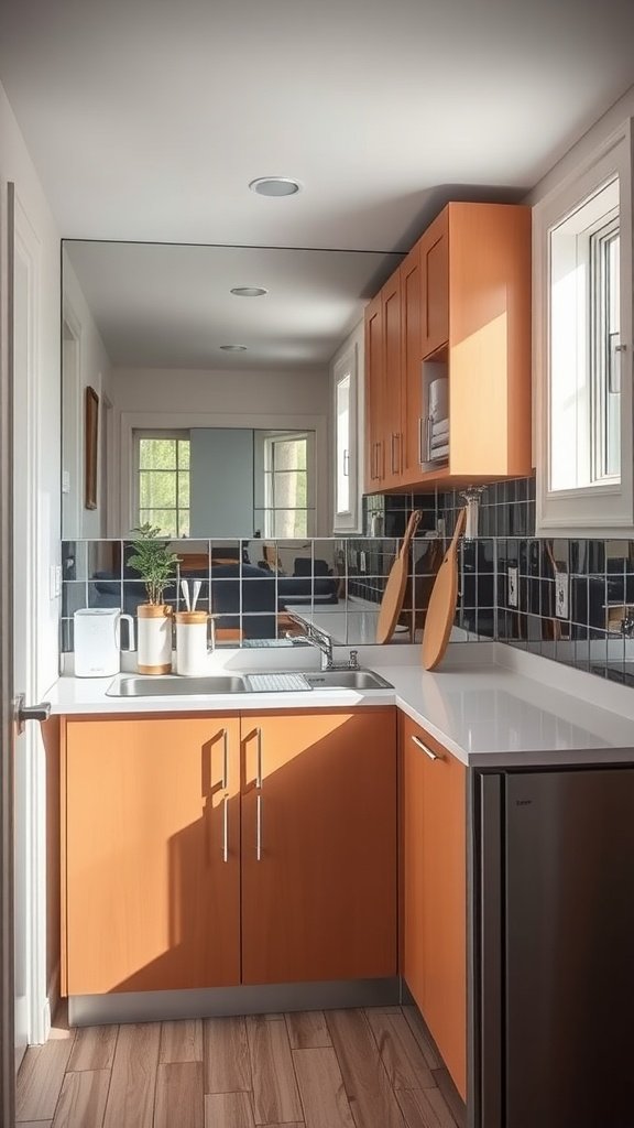 A modern small kitchen with a mirror reflecting the space.