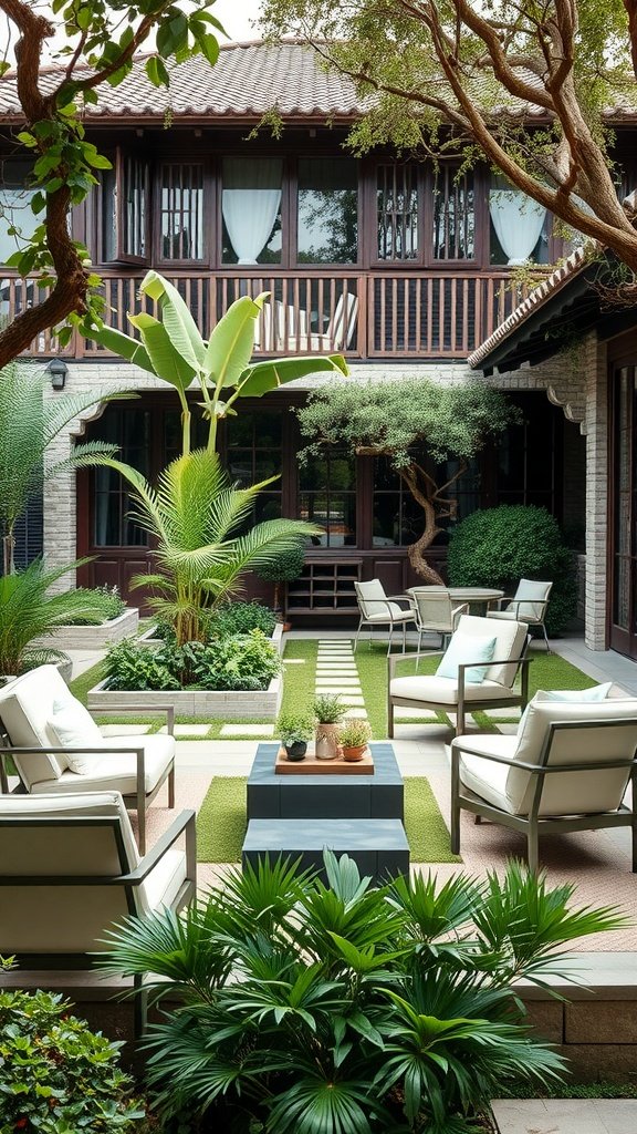 A modern garden design featuring tropical plants, comfortable seating, and a sleek garden layout.