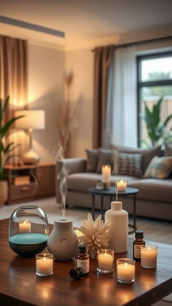 A cozy living room with candles and a diffuser creating a warm atmosphere.