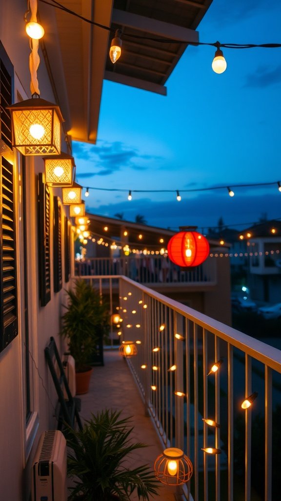 Beautifully lit balcony with string lights and lanterns in the evening.