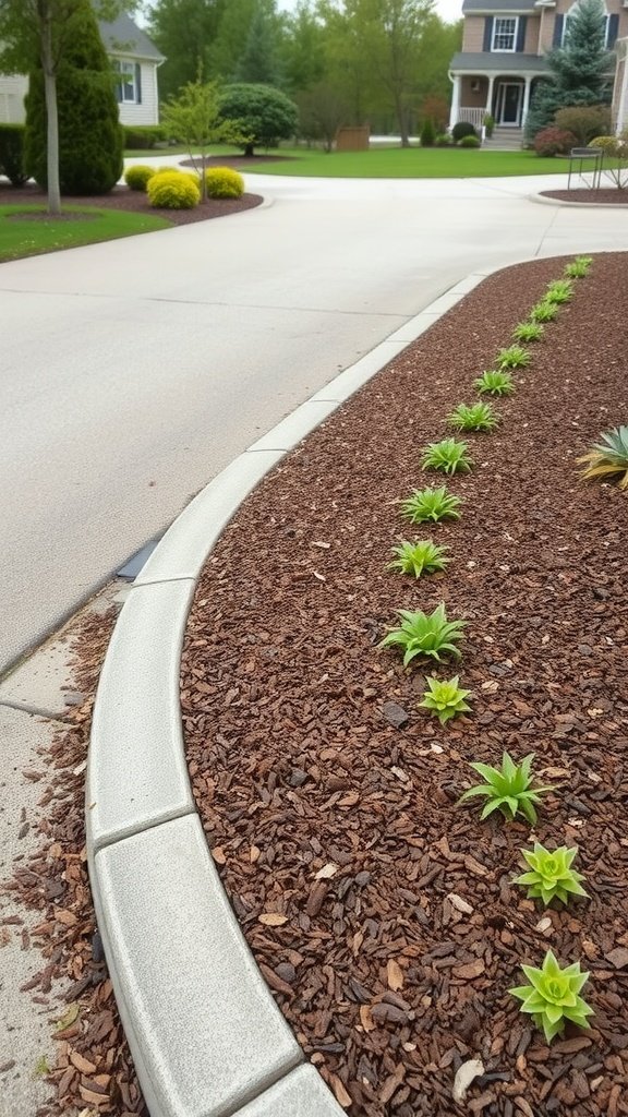 A landscaped driveway bordered with mulch and small green plants.