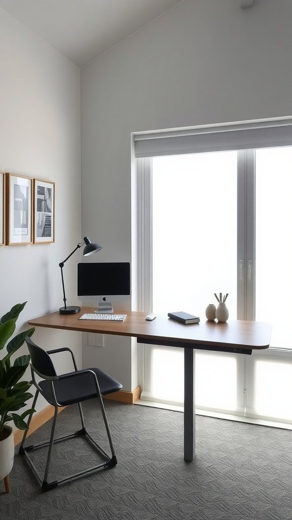 A modern home office setup featuring a sleek desk, chair, and decorative elements.