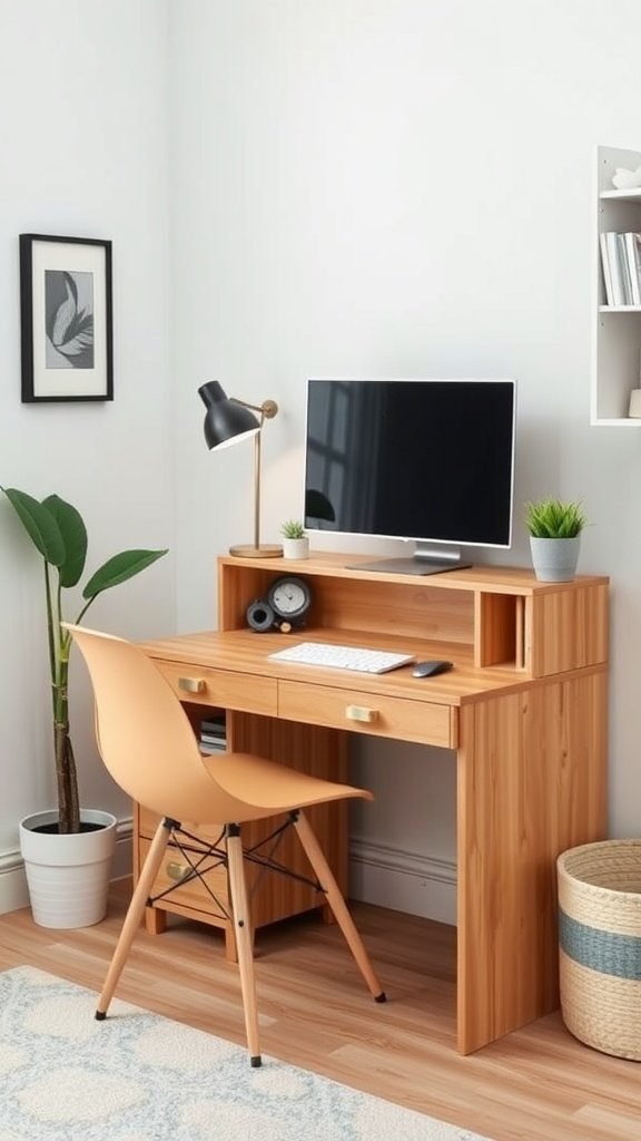 A small home office setup featuring a wooden desk with storage, a chair, and plants.