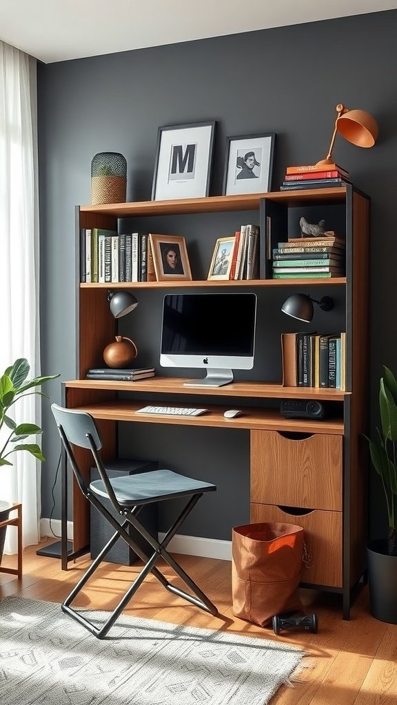 A small home office setup featuring a wooden desk with shelves, a computer, books, and a folding chair.