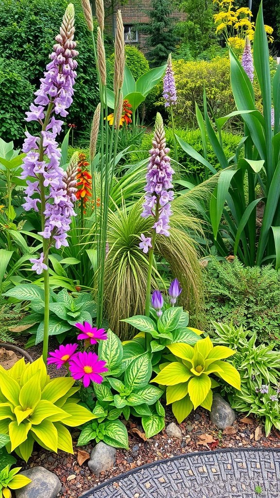 A colorful garden featuring various flowering plants and lush green foliage.