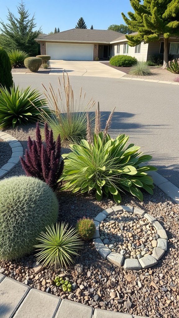 A driveway landscape featuring native plants and a well-maintained entrance.