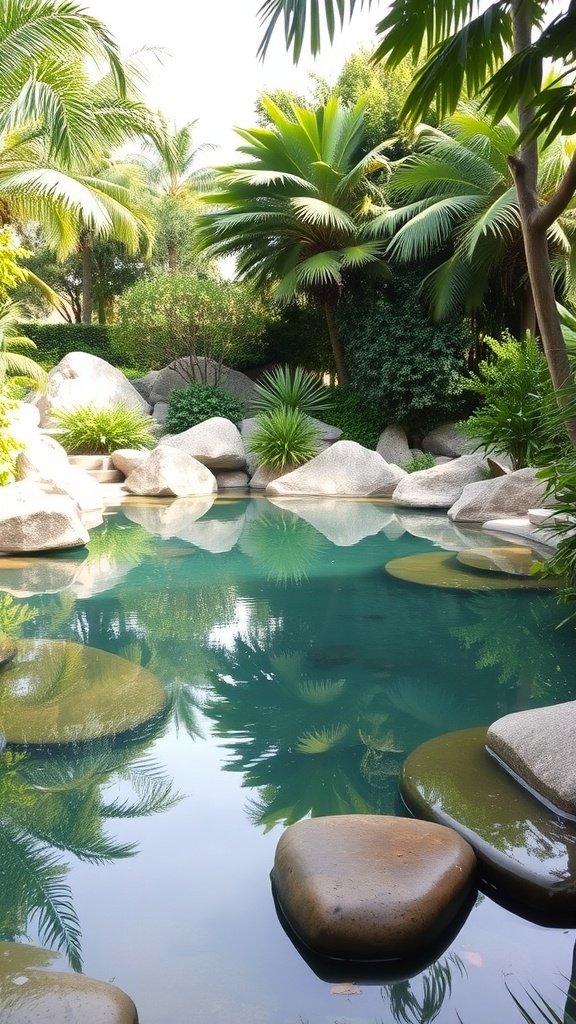 A serene pool surrounded by rocks and lush greenery.