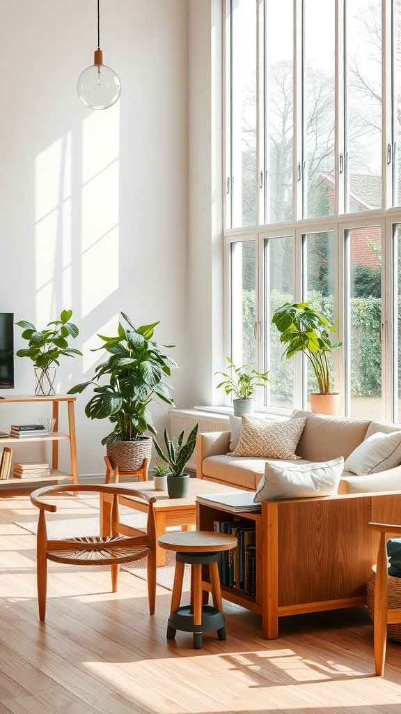 A cosy living room with natural light, plants, and wooden furniture.