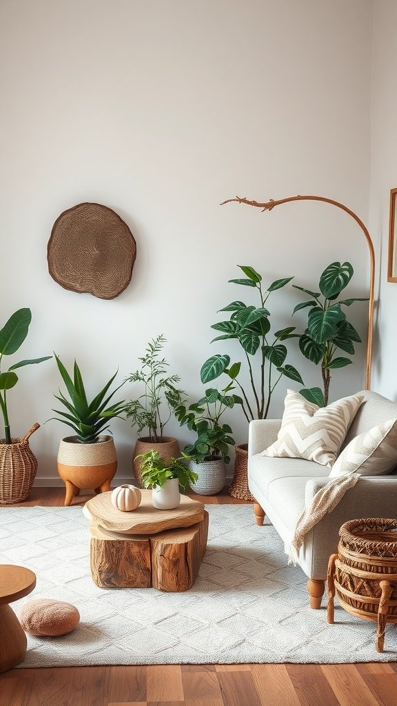 A cozy living room with a green sofa, natural plants, and wooden accents.