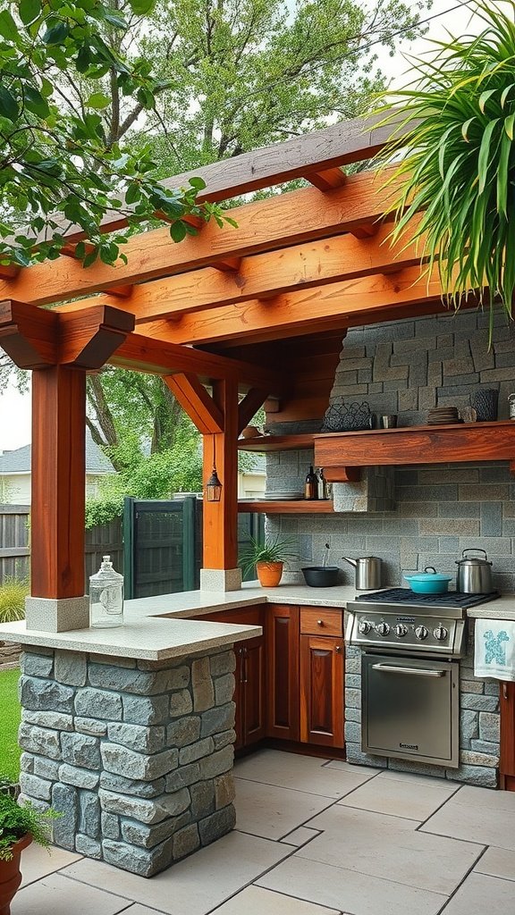 A beautiful outdoor kitchen featuring wooden beams, stone walls, and plants