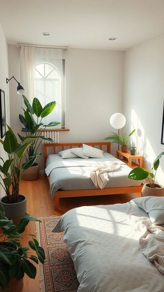 A bright bedroom featuring two beds and various indoor plants.