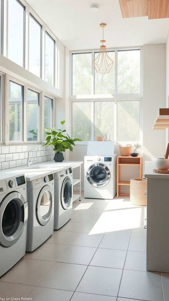 Bright and airy laundry room with large windows and modern appliances