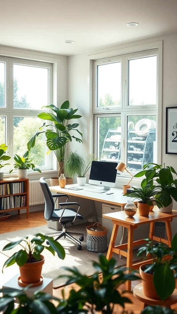 Bright office area with a dresser computer desk setup in a living room, featuring large windows and plants.