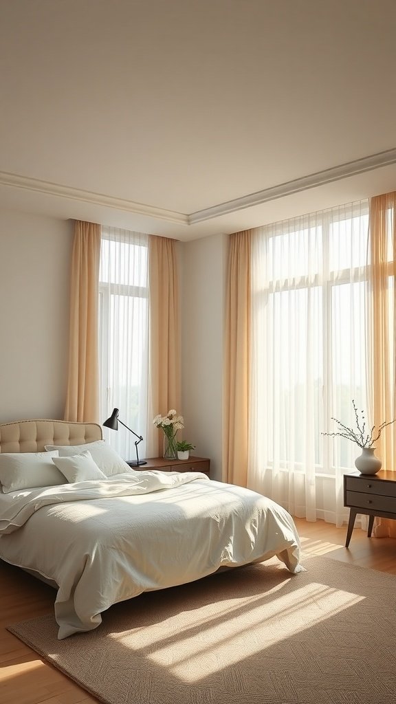 A bright and airy bedroom with large windows allowing natural light to fill the space.