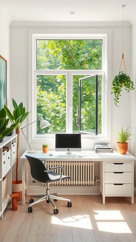 Bright and airy small home office with natural light and greenery.