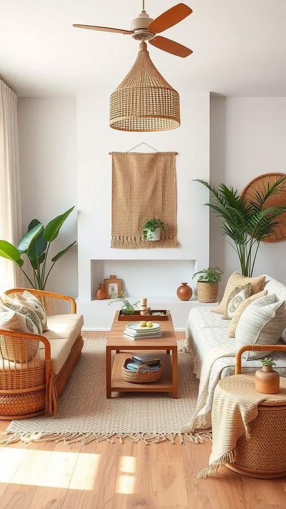 A cozy and colorful boho living room featuring natural materials.