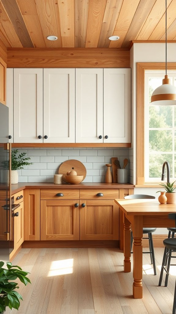 A kitchen with tan lower cabinets and white upper cabinets, showcasing a natural wood ceiling and a warm atmosphere.