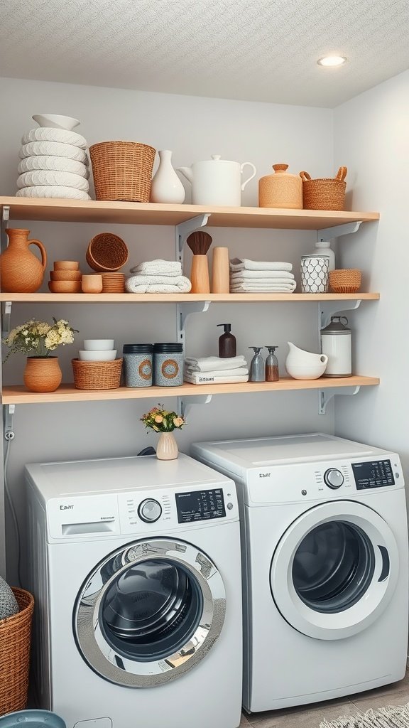 A stylish laundry room featuring open shelving with baskets, towels, and decorative items above modern washers and dryers.