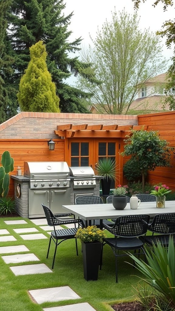 An outdoor kitchen featuring a grill, seating area, and vibrant garden landscaping.