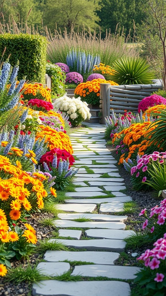 A beautiful garden path surrounded by vibrant flowers and greenery.
