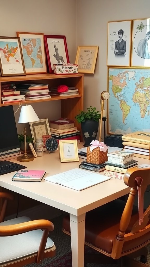 A cozy feminine home office with personal mementos like pictures and books.