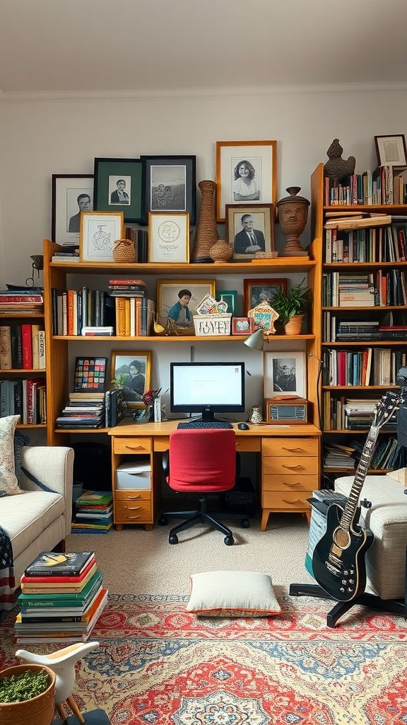 Cozy office area in a living room with bookshelves, artwork, and a computer desk.