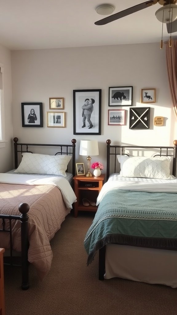 A cozy bedroom featuring two beds with personalized decor.