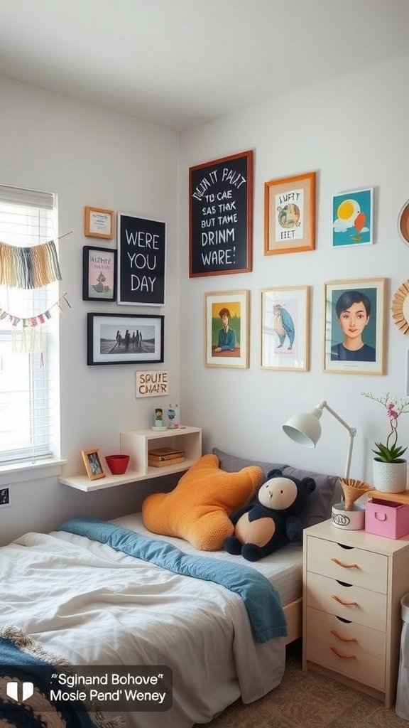 A cozy bedroom setup featuring colorful artworks, a comfy bed with vibrant pillows, and decorative elements.