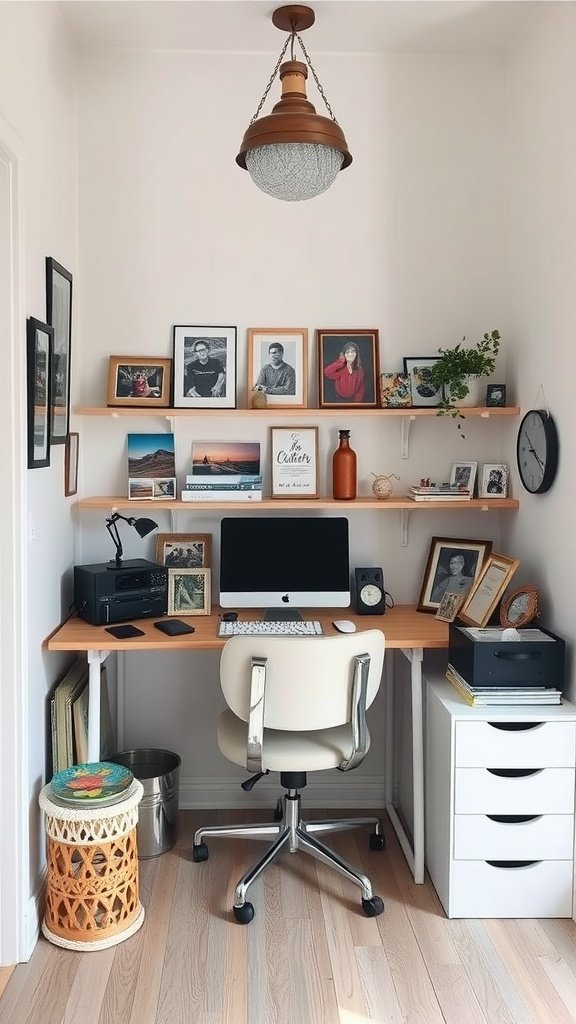 Cozy small home office with wooden desk, computer, and personal decor.