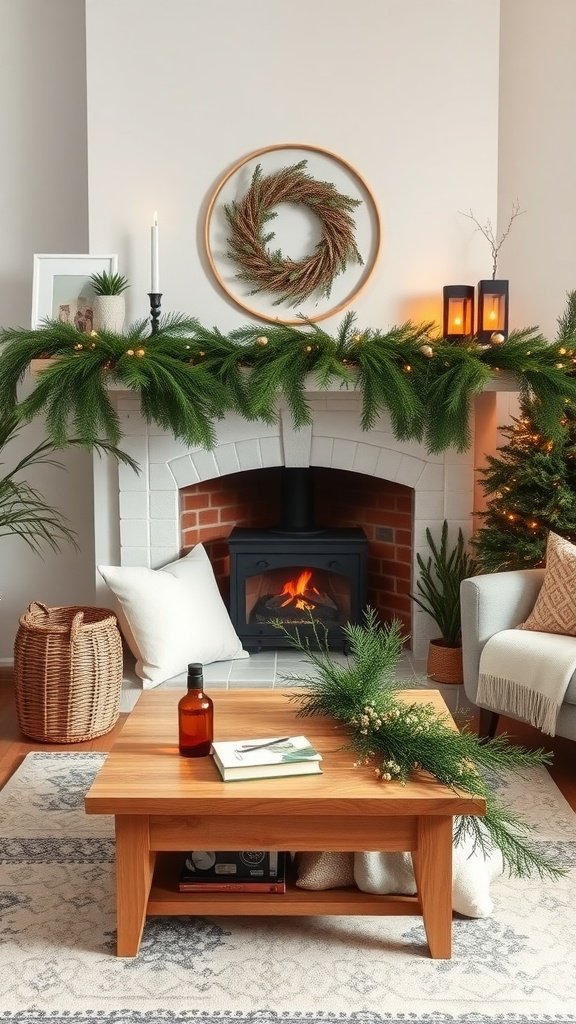 A cozy living room decorated with pine branches, a warm fireplace, and a stylish coffee table.