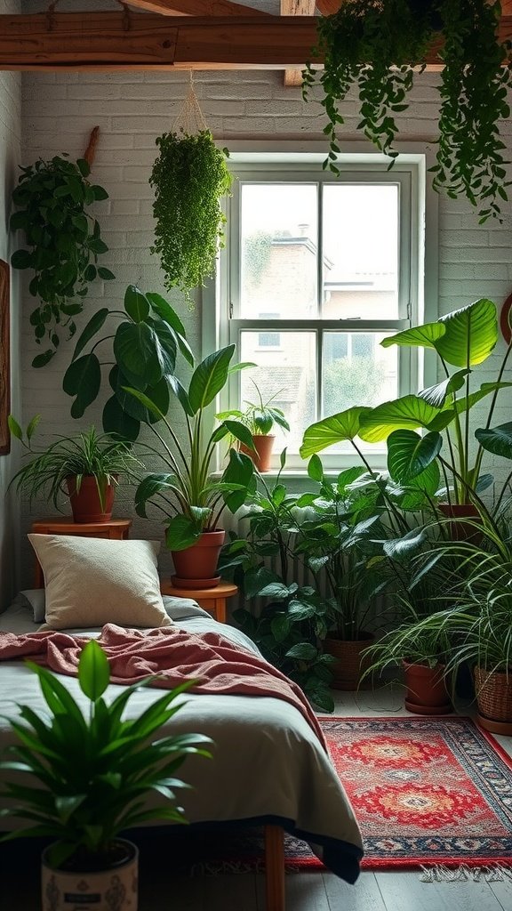 A cozy rustic bedroom filled with various indoor plants and a comfy bed.