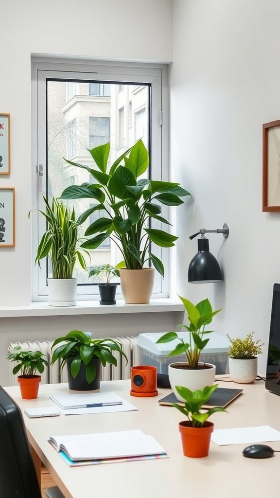 A cozy home office setup featuring various indoor plants on the desk and windowsill.