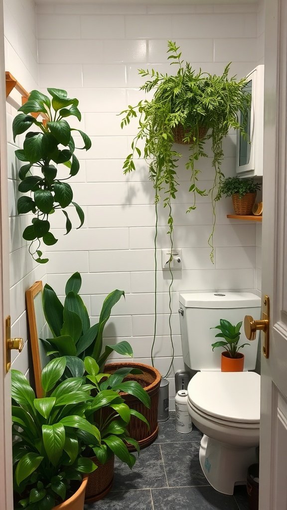 A cozy half bathroom with various plants adding freshness to the space.