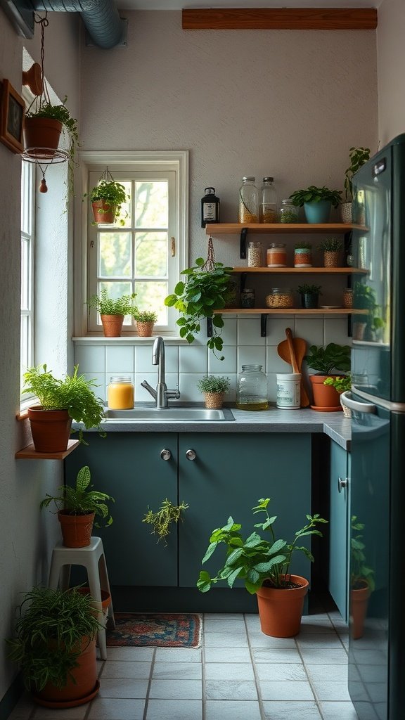 A cozy tiny kitchen filled with potted plants on shelves and counters, showcasing a vibrant and fresh atmosphere.