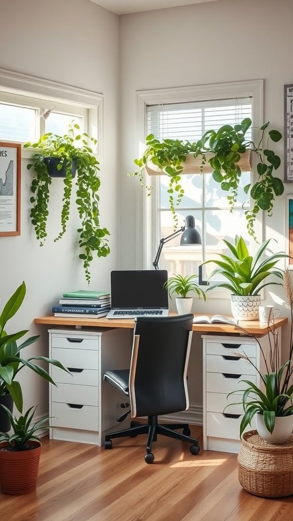 Small home office with plants and a desk setup