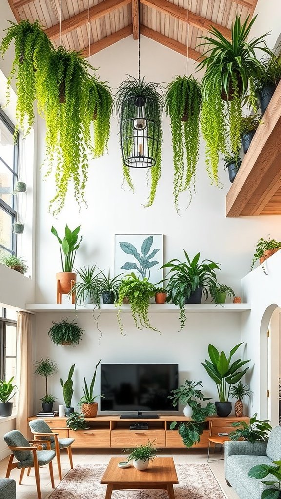 Living room with high ceiling featuring various hanging and potted plants, creating a fresh and inviting atmosphere.