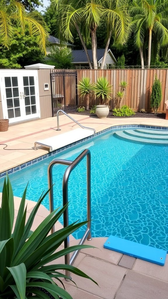 Backyard pool with a cover and seating area