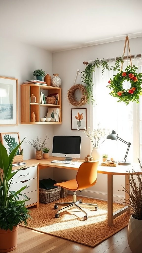 A feminine home office with bright decor and plants.