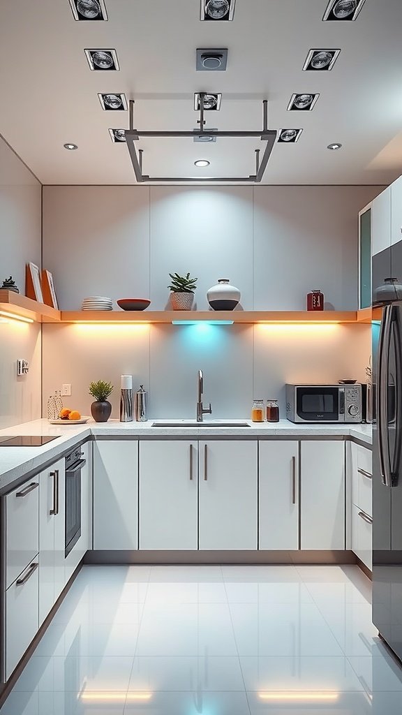 Modern kitchen with smart appliances and sleek design.