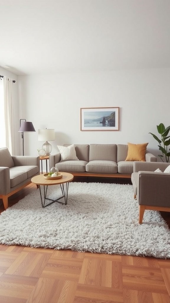 A cozy living room featuring a soft area rug, comfortable seating, and a warm atmosphere.