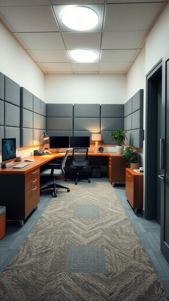 A small sound-proofed home office with gray acoustic panels and a simple desk setup.
